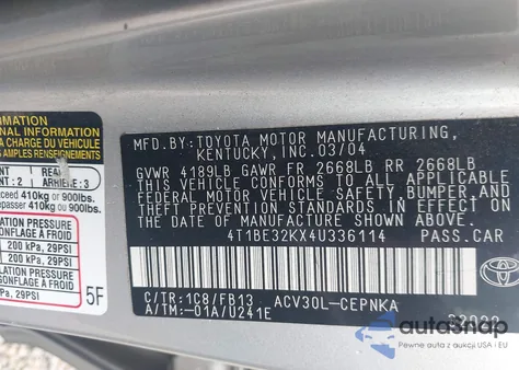 2004 Toyota Camry Le из США, поврежденный, VIN 4T1BE32KX4U336114